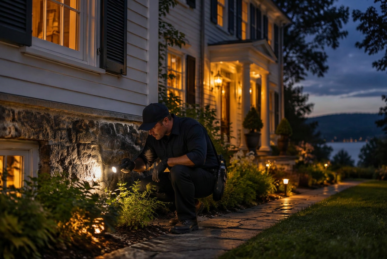 Pest control technician inspecting a home foundation at dusk in Orange County, NY