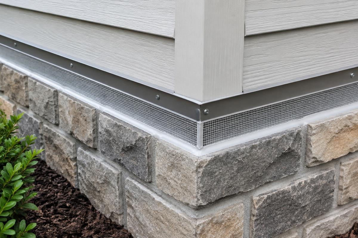 Foundation gap sealed with steel mesh, flashing and sealant
